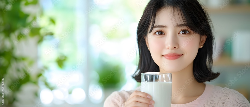 Asian Woman Enjoying a Glass of Nutritious Soy Milk as Part of Her Healthy Morning Routine and Lifestyle Concept of Good Nutrition Calcium Rich Diet and Self Care Asian Woman Enjoying a Glass of Nutritious Soy Milk as Part of Her Healthy Morning Routine and Lifestyle Concept of Good Nutrition Calcium Rich Diet and Self Care