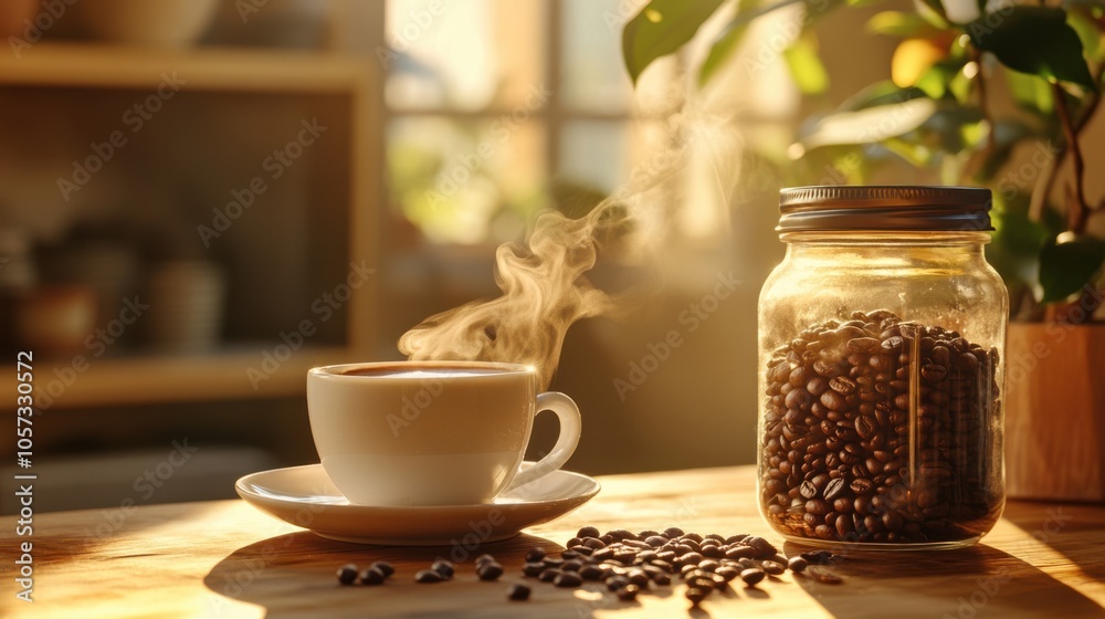 A steaming cup of coffee placed beside a jar of roasted beans, A steaming cup of coffee placed beside a jar of roasted beans,