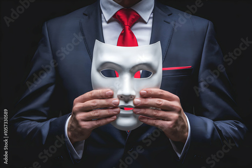 Man in suit holding white mask, creating an air of mystery