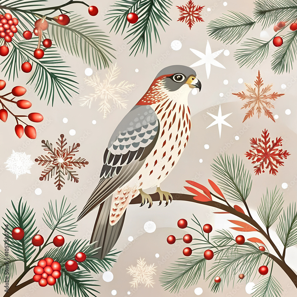 Obraz premium Winter pattern, watercolor illustration with Christmas decoration, festive New Year elements. Seasonal celebration template for background, card, cover, wrapper, design in winter holiday style.