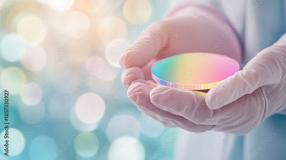 Gloved hands hold a colorful silicon wafer, reflecting light, surrounded by a softly blurred, bokeh background, representing technology and innovation in microelectronics. Gloved hands hold a colorful silicon wafer, reflecting light, surrounded by a softly blurred, bokeh background, representing technology and innovation in microelectronics.