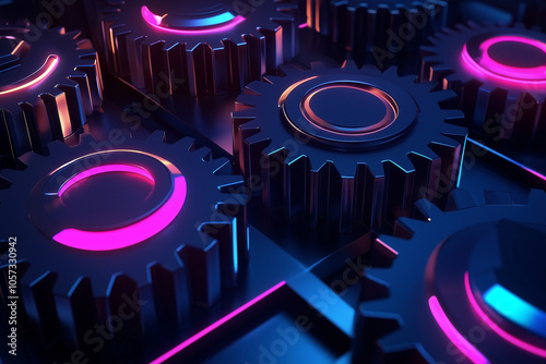 Mechanism of gears and cogwheels in the neon lights asbtarct background. photo