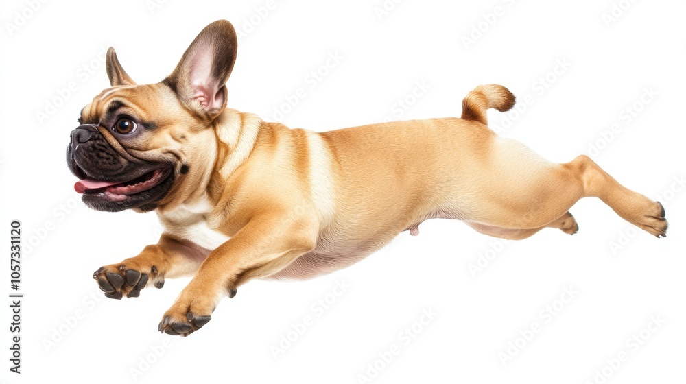 Fototapeta premium Adorable French Bulldog mid-jump, showcasing its playful spirit and joyful expression against a clean white backdrop, perfect for capturing the charm of this breed.