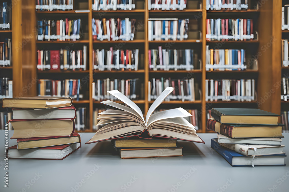 Open book on table, inviting reader in library setting Open book on table, inviting reader in library setting