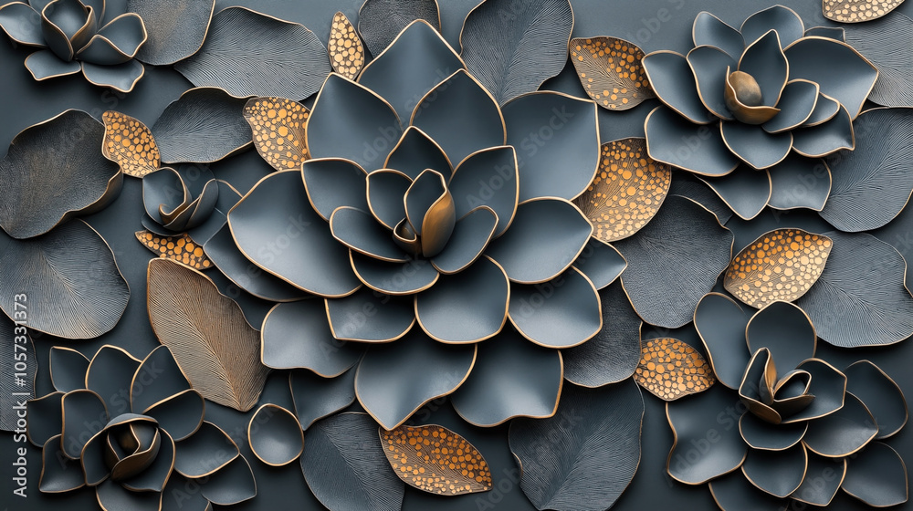 Abstract composition of layered blue flowers with golden edges and intricate textured leaves on a dark background Abstract composition of layered blue flowers with golden edges and intricate textured leaves on a dark background