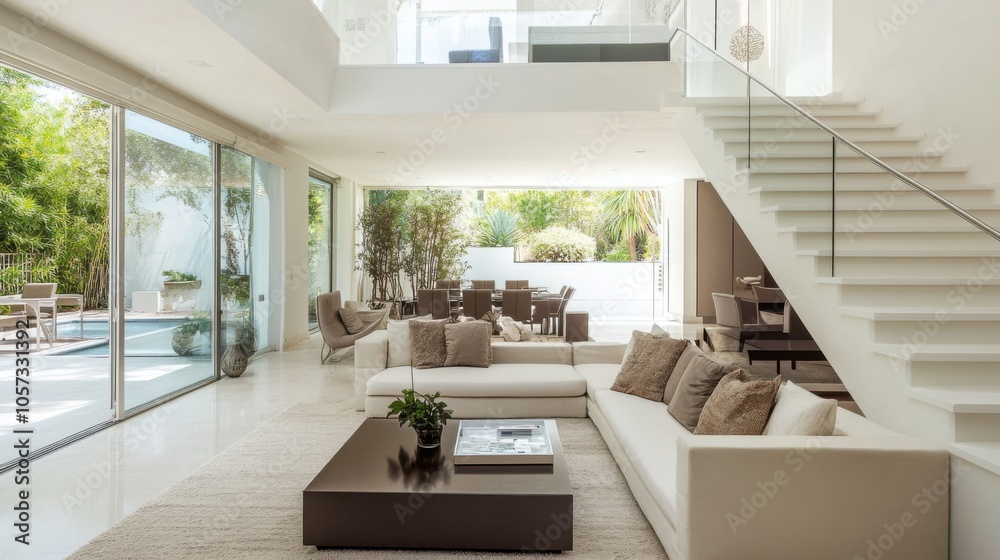 A stylish living room with contemporary furniture, white stairs