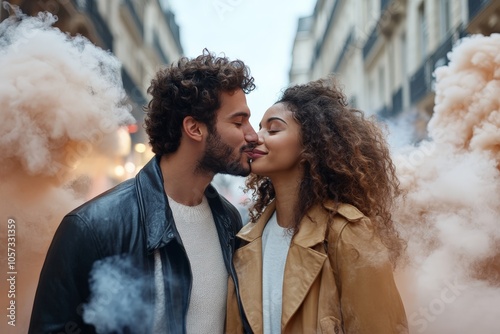 A couple shares a romantic kiss enveloped in a swirling cloud of fog on a city street. Their expressions reflect passion, love, and connection in this atmospheric setting. photo