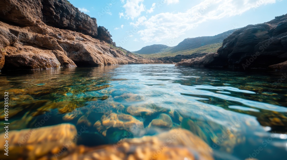 Obraz premium A tranquil lagoon surrounded by rugged rocky terrain under a bright sky, with clear transparent water revealing the rocks beneath the surface.