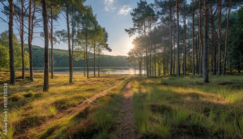 Sunlit Path Through Pine Forest Leading to a Lake