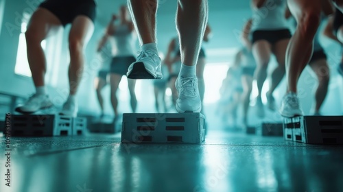 This close-up shows a person actively stepping onto blocks in a fitness routine, emphasizing movement, strength, and focus within an energetic gym setting. photo