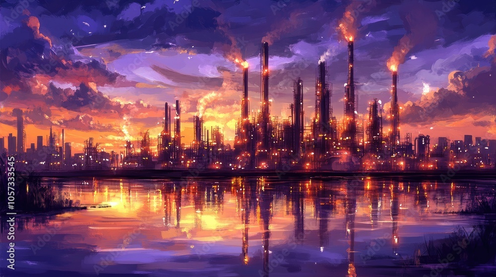 The majestic oil refinery at dusk, with its lights shimmering against the calm waters of a serene seascape. The majestic oil refinery at dusk, with its lights shimmering against the calm waters of a serene seascape.