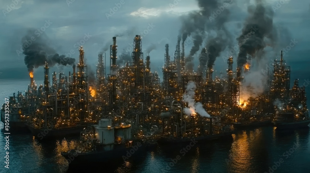 The majestic oil refinery at dusk, with its lights shimmering against the calm waters of a serene seascape. The majestic oil refinery at dusk, with its lights shimmering against the calm waters of a serene seascape.