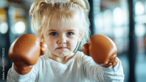 A determined young child poses with brown boxing gloves, displaying concentration and readiness in an athletic environment with vibrant lighting and focus. photo