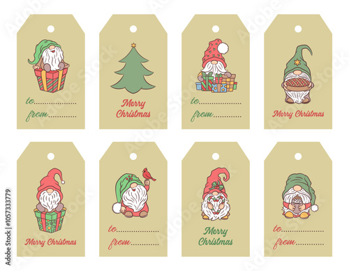 Christmas gift tags with cute cartoon gnomes. Winter labels collection for season greetings. Merry Christmas text. From - to note. Scrapbook Xmas and New year cut file for card, sticker, label.