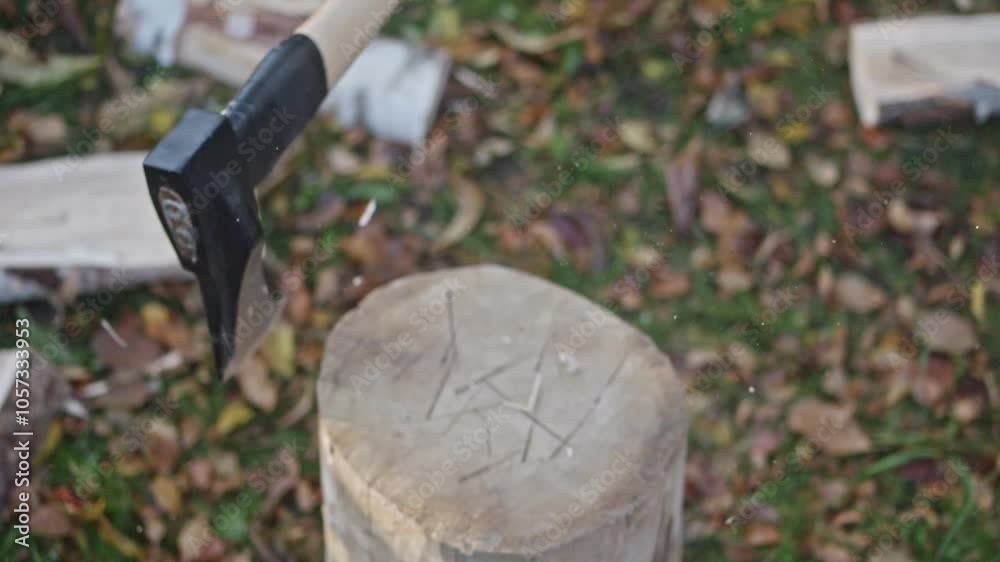 Chopping wood with an axe, slow-motion capture of splinters scattering. Firewood stacked behind the scene on a sunny day in the yard.