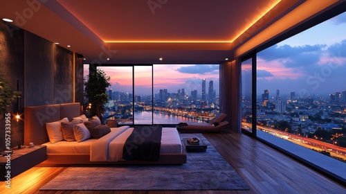 Wallpaper Mural Modern bedroom with city view at sunset. Torontodigital.ca