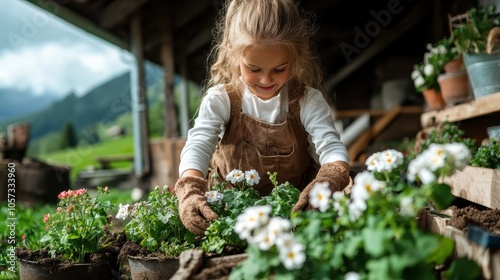 A young girl wearing a brown apron and gloves plants white flowers in a sunlit greenhouse, capturing the essence of care, nature, and youthful playfulness.