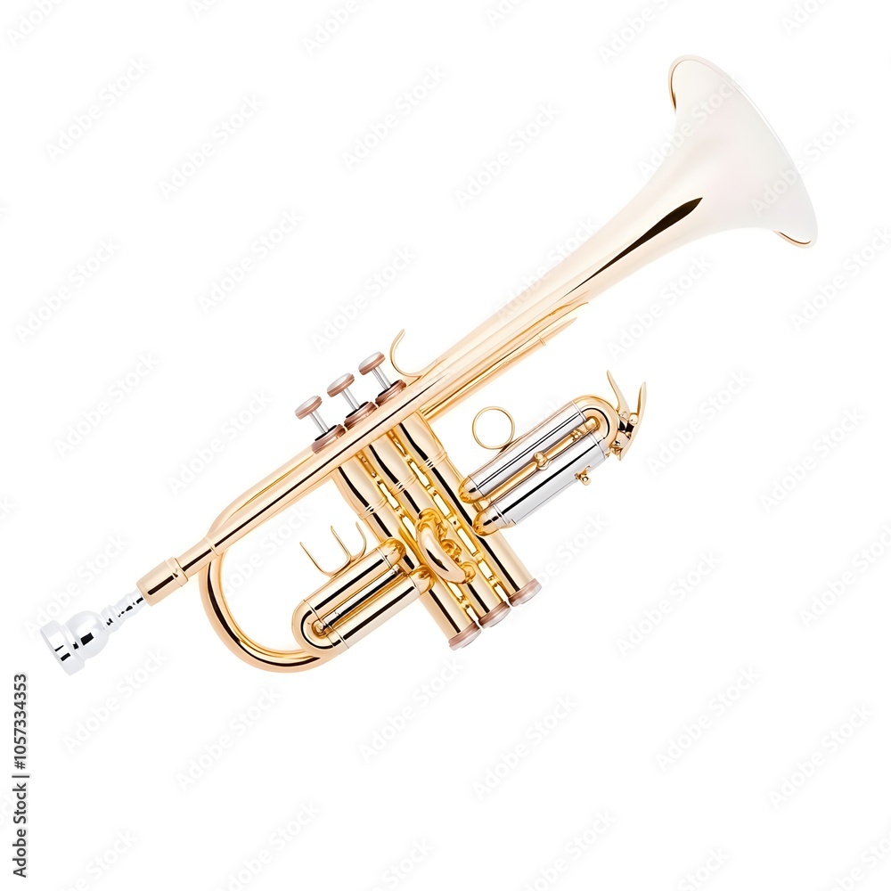 Obraz premium Vibrant Golden Trumpet Pristine Brass Instrument on White Studio Background