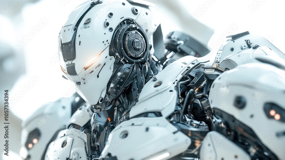 Fototapeta premium Close-up of a White Robot with Complex Mechanical Design