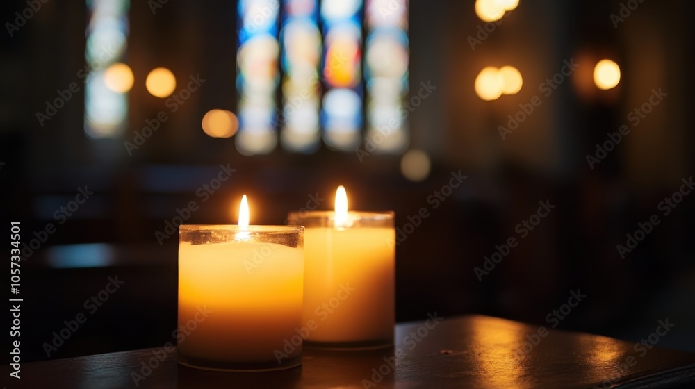 Candlelight glowing softly in a church, illuminating stained glass windows, creating a peaceful and spiritual scene that invites reflection and tranquility. Candlelight glowing softly in a church, illuminating stained glass windows, creating a peaceful and spiritual scene that invites reflection and tranquility.