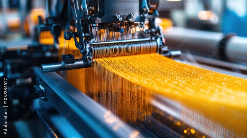 An industrial textile machine weaving silk fabric at high speed, with a focus on the precision of An industrial textile machine weaving silk fabric at high speed, with a focus on the precision of