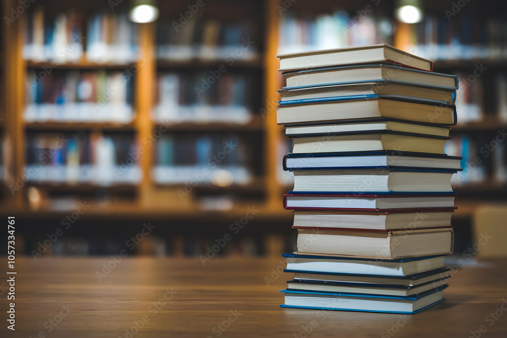 Stack of books on desk with bookshelf backdrop creates serene reading ambiance Stack of books on desk with bookshelf backdrop creates serene reading ambiance