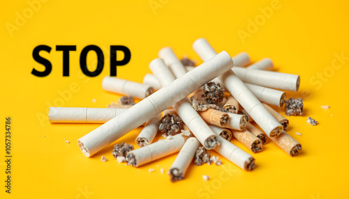 31 May of World No Tobacco Day, no smoking, close up of broken pile cigarette or tobacco STOP symbolic on yellow background with copy space, and Warning lung health concept isolated with white highl photo