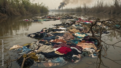 Clothing waste floating in a polluted river with industrial smoke in the background on a cloudy day