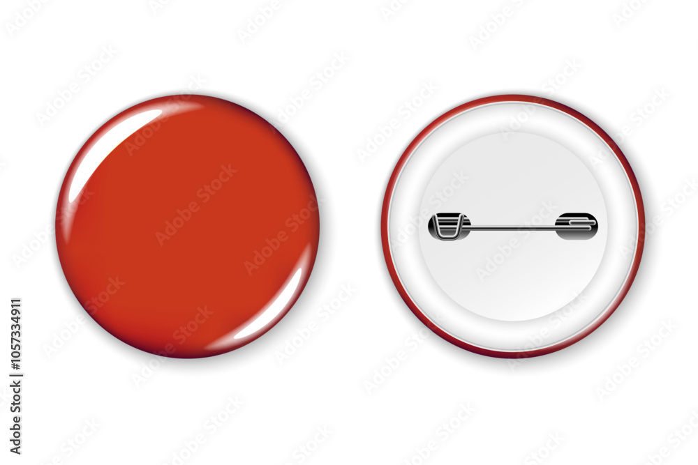 Red badge mockup. Round badge button brooch. Realistic red blank glossy round button badge pin with plastic back cover. Vector illustration. Red badge mockup. Round badge button brooch. Realistic red blank glossy round button badge pin with plastic back cover. Vector illustration.