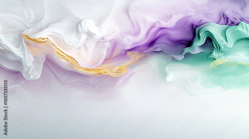 Obraz premium Elegant fluid art a captivating blend of purple white and green swirls enhanced with golden highlights for modern decor inspiration