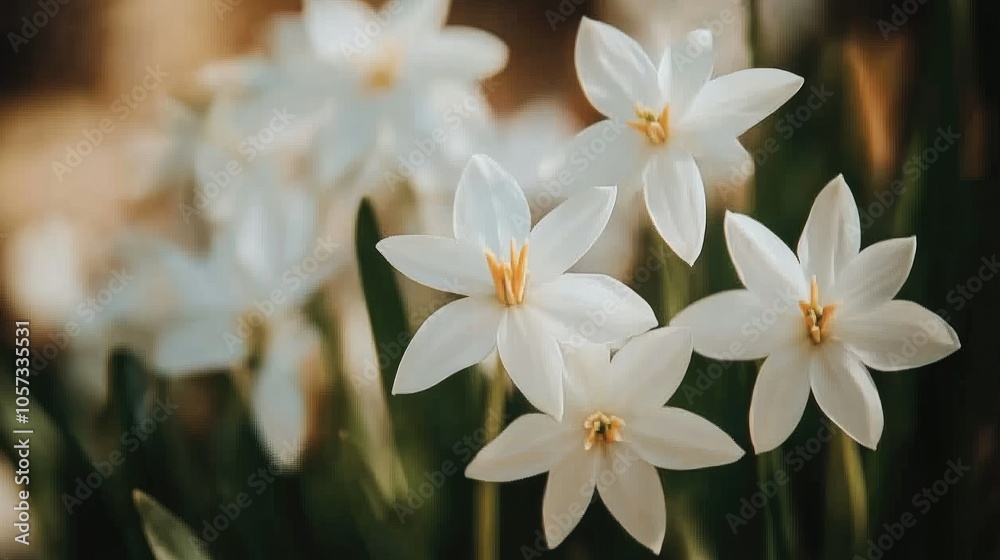 Obraz premium White star-shaped flowers blooming in soft focus, with a blurred, gentle background for a peaceful botanical composition.