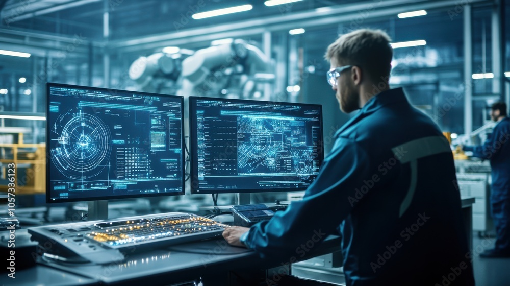 Engineers in a factory using computers to monitor and manage the energy consumption Engineers in a factory using computers to monitor and manage the energy consumption