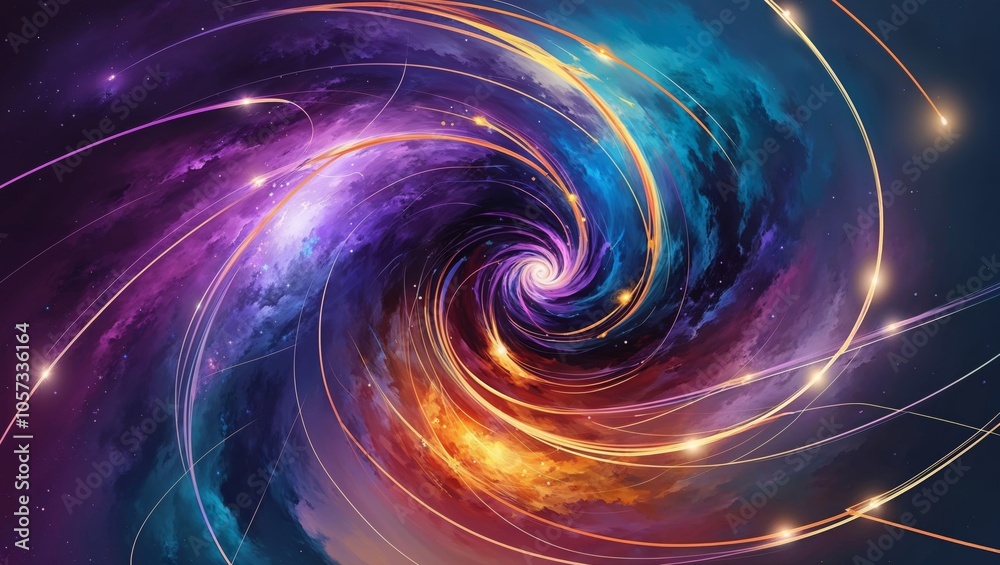 A vibrant swirl of cosmic colors in a deep space vortex with glowing trails and bright celestial highlights during a starry night