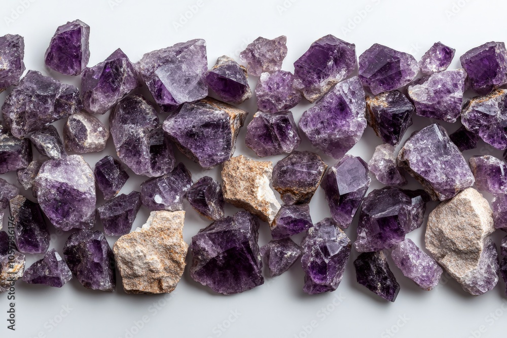 A variety of amethyst gems scattered across a soft white surface, showcasing the natural beauty and unique formations of these stunning purple minerals for commercial use. A variety of amethyst gems scattered across a soft white surface, showcasing the natural beauty and unique formations of these stunning purple minerals for commercial use.