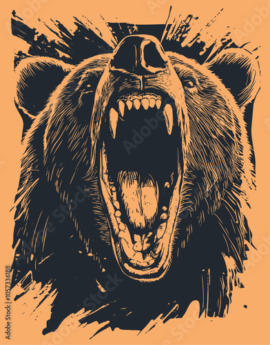 A roaring bear, captured in an engraving style, vector illustration.