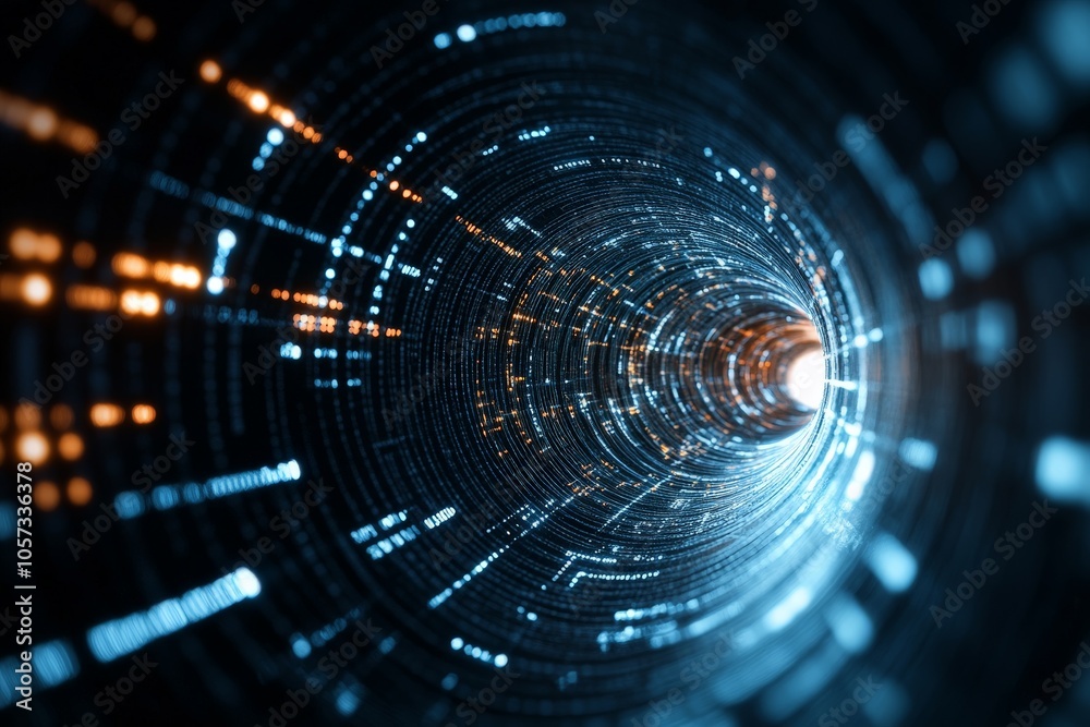 A mesmerizing tunnel adorned with vibrant patterns of light, representing technological innovation and dynamic motion within a digital realm. A mesmerizing tunnel adorned with vibrant patterns of light, representing technological innovation and dynamic motion within a digital realm.