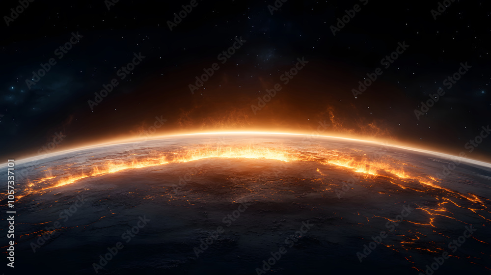 Fototapeta premium A Striking Visual of Earth as a Boiling Pot, Enveloped in Cosmic Night and Steamed with Fiery Glow and Etheric Elements