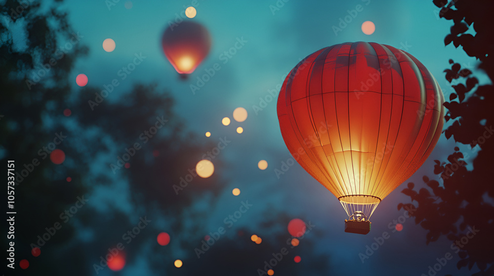 Obraz premium Hot air balloons flying over beautiful landscape and the night , Balloons in night , Mountain landscape and sun over floating colourful air hot balloons