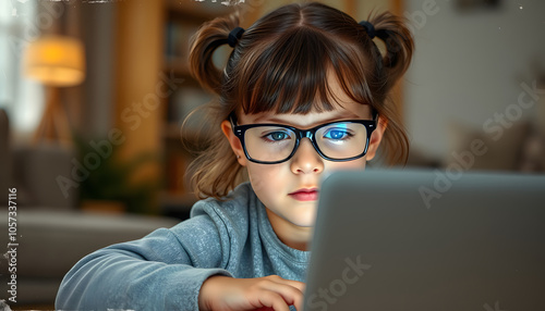 Little Girl Squinting Eyes Using Laptop Wearing Glasses At Home isolated with white highlights, png