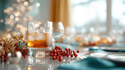 A classic glass of whiskey rests on a meticulously arranged dining table, surrounded by festive ornaments, showcasing warmth, relaxation, and celebratory gatherings. photo