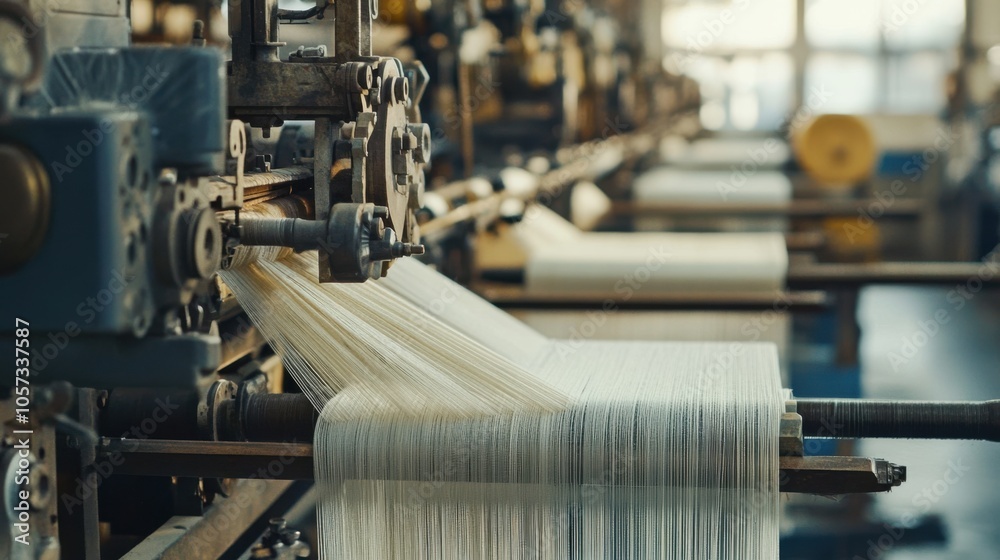 Fototapeta premium Industrial machines in a textile factory creating luxurious silk fabrics, with a focus on the