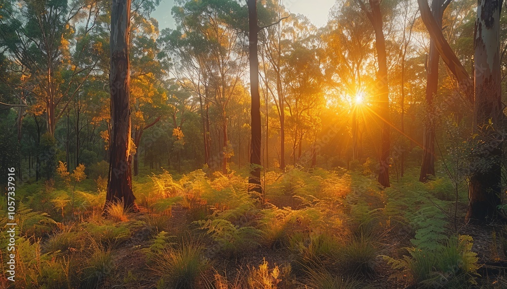 Fototapeta premium Sunbeams Filtering Through Dense Forest Canopy at Golden Hour