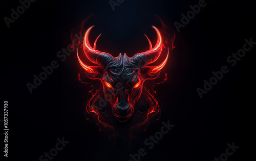 A menacing bull's head with glowing red horns and eyes against a dark background.