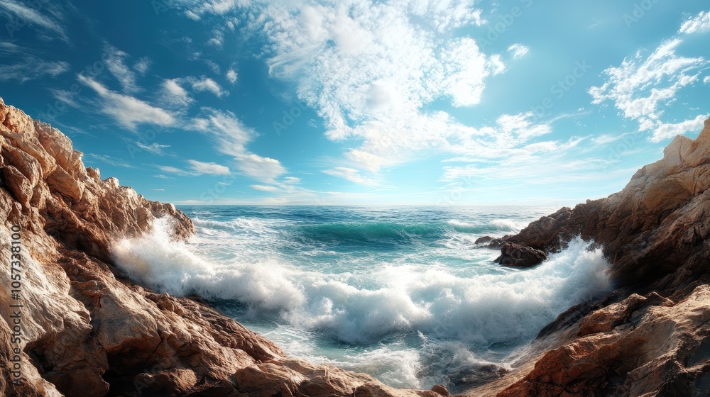 Powerful waves crash against rocks at a seashore, capturing dramatic motion and energy in nature's raw force under a clear sky with scattered white clouds. Powerful waves crash against rocks at a seashore, capturing dramatic motion and energy in nature's raw force under a clear sky with scattered white clouds.