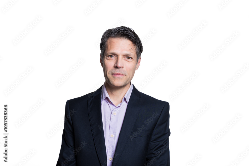 Middle-aged man smiling at the camera, on white background, wearing formal clothes. Middle-aged man smiling at the camera, on white background, wearing formal clothes.