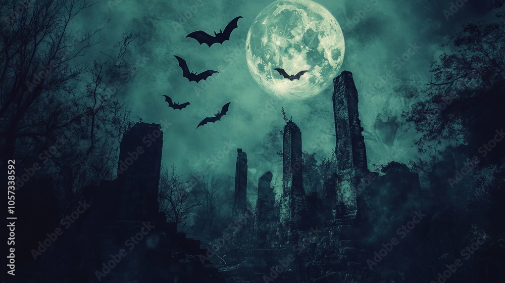 Dark Fantasy Halloween Background with Bats, Ruins, and Full Moon Lighting - AI generated illustration Dark Fantasy Halloween Background with Bats, Ruins, and Full Moon Lighting - AI generated illustration