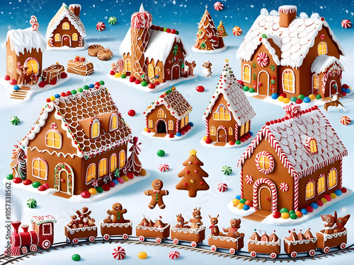 A whimsical gingerbread village adorned with colorful candies, set against a winter wonderland backdrop during the holiday season