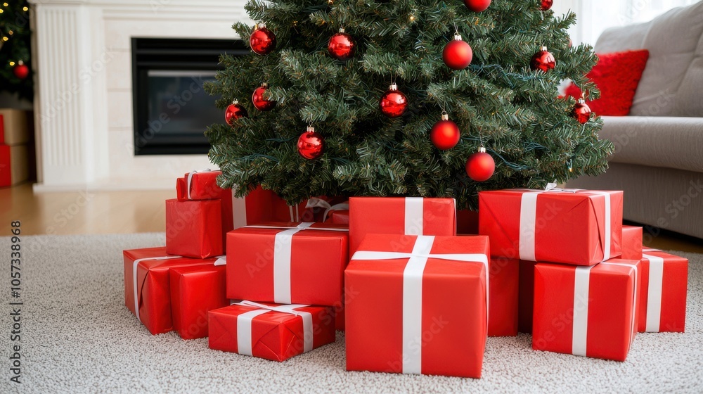 Christmas Tree with Stack of Red Gifts Underneath Christmas Tree with Stack of Red Gifts Underneath