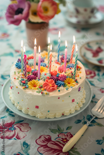 Colorful Birthday Cake with Lit Candles and Floral Decorations on a Festive Table