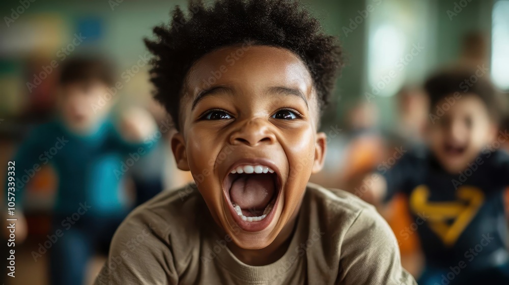 A young child with an open-mouthed smile expresses joy and energy in a classroom setting, embodying the innocence and excitement of youthful moments. A young child with an open-mouthed smile expresses joy and energy in a classroom setting, embodying the innocence and excitement of youthful moments.